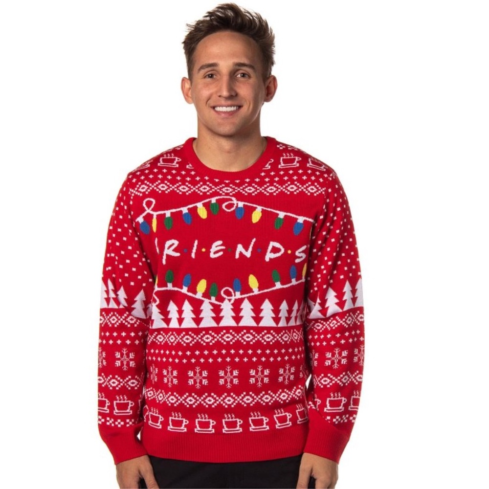 Friends TV Series Men's Logo And Holiday Lights Ugly Christmas Adult Sweater L